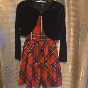 lilt Red Plaid Tiered Dress with Black Velvet Bolero